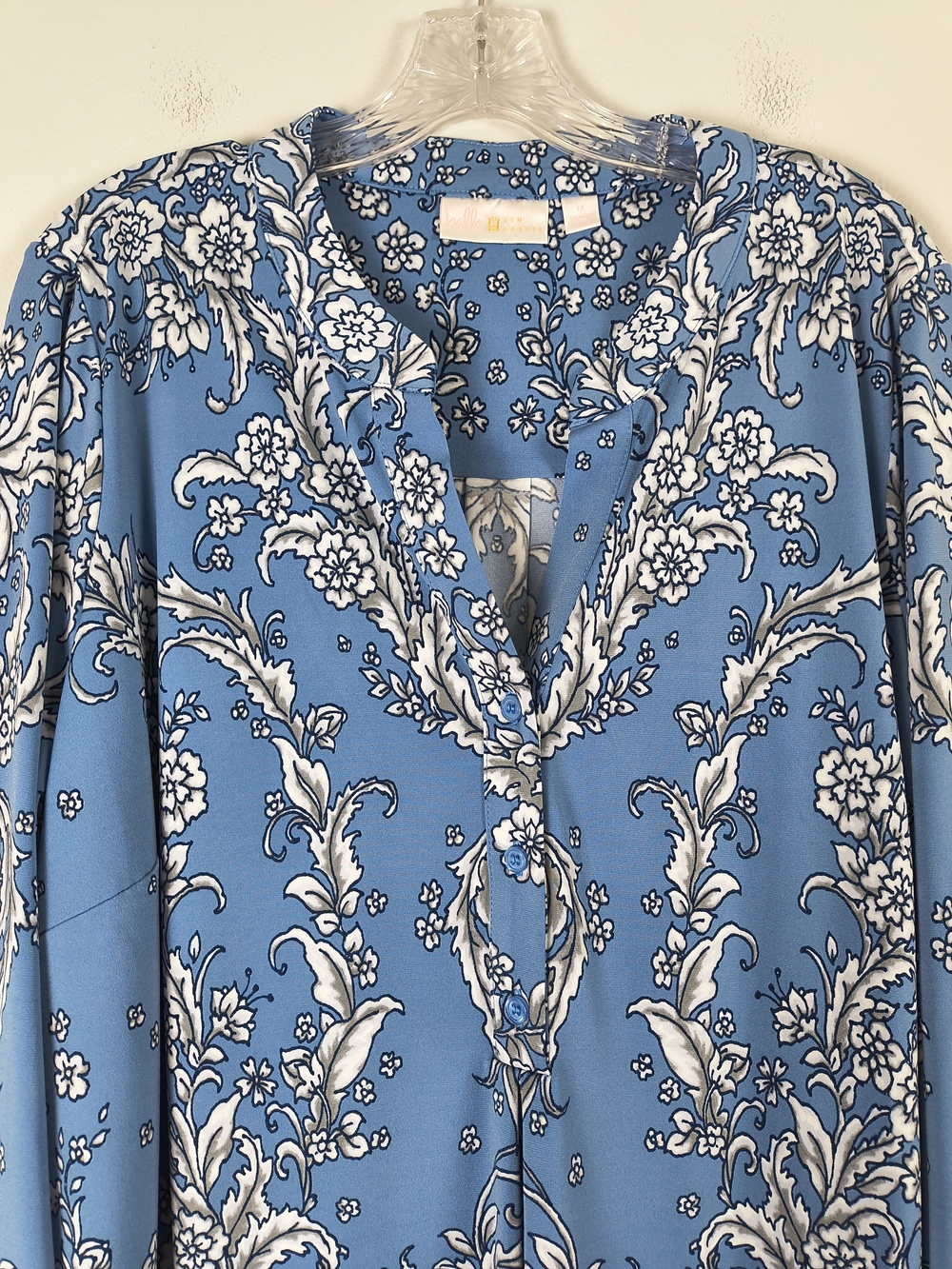 Belle By Kim Gravel Tunic Women's 1X Blue White Floral V-Neck Blouse Long Sleeve - Picture 3 of 11